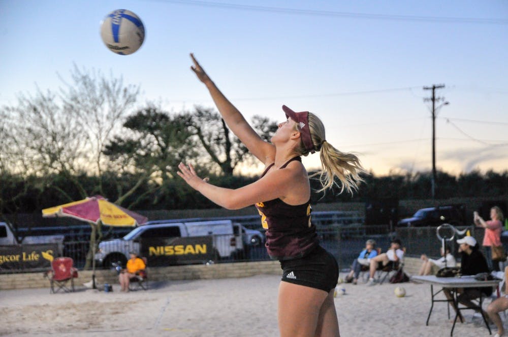 Sophomore Sydney Palmer serves during Arizona State's Maroon and Gold Scrimmage on Friday, Jan. 26, 2016, at the Pera Club in Tempe.