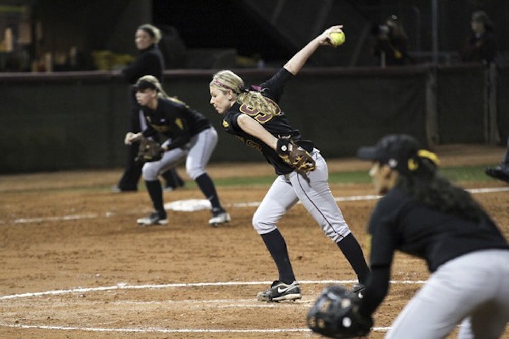 Mackenzie Popescue throws a pitch in a game against Wichita State on March 1. Popescue and the Sun Devils are currently ranked second in the Pac-12 power rankings. (Photo by Sam Rosenbaum)