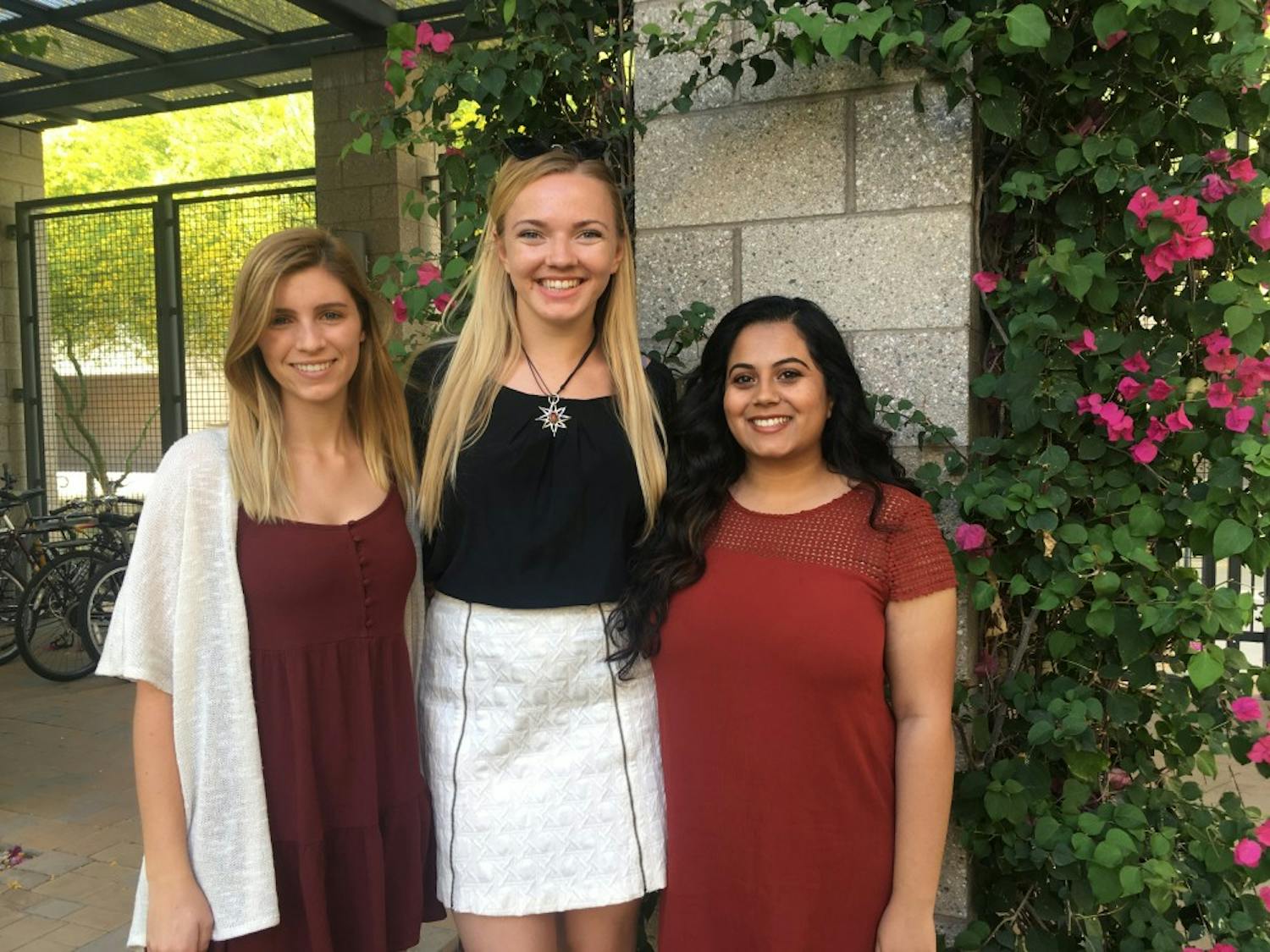 From left, Emma Giles, Haley Gerber and Pashmi Mehta, a few of the students involved in Period Project, pose for a photo&nbsp;on ASU's Tempe Campus on Monday, April 17, 2017.