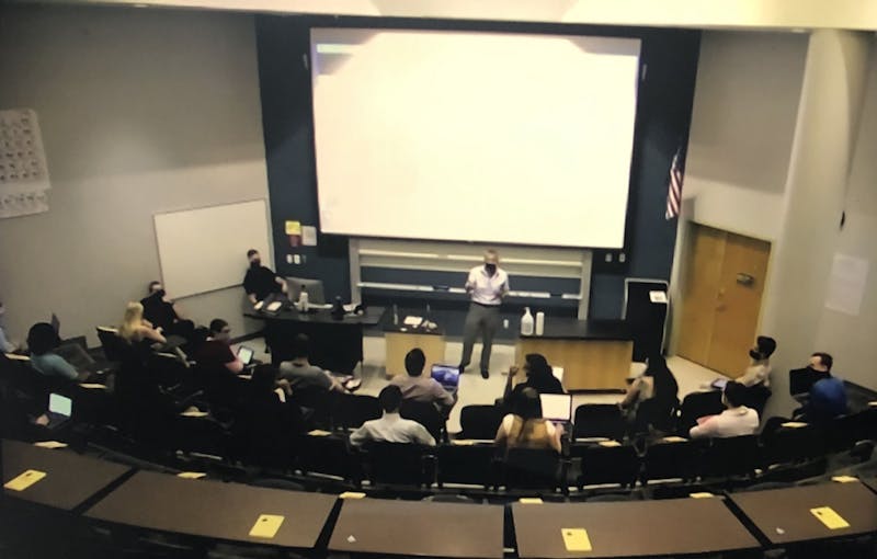 Students are required to sit in the front of their engineering business practice class in person Tuesday, Sept. 1, 2020, in Tempe, Arizona. Photo courtesy of a student who attended through Zoom who wishes to remain anonymous due to fears of retaliation.