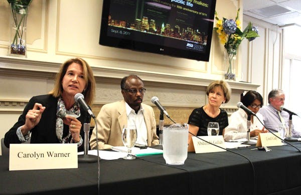 OPEN FORUM: Professor Carolyn Warner speaks at a panel discussing religion and politics in the decade following 9/11 in West Hall on the Tempe campus Thursday afternoon. (Photo by Lisa Bartoli)
