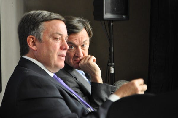RELOCATION: ASU President Michael Crow and Dr. John Noseworthy, President and CEO Mayo Clinic, chat with CEO of Mayo Clinic in Arizona Dr. Victor Trastek (not pictured) before a press conference Monday to announce ASU's Department of Biomedical Informatics relocation from downtown Phoenix to Mayo's Scottsdale campus. (Photo by Christopher Leone)