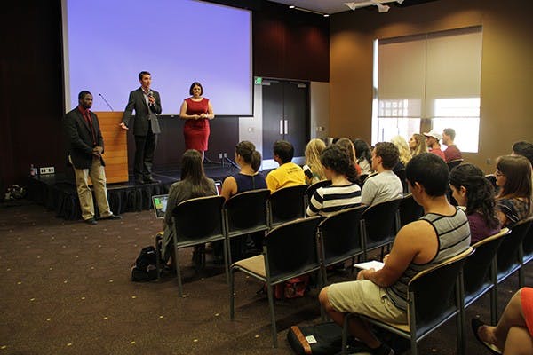 Tempe Undergraduate Student Government President Jordan Davis, Graduate and Professional Student Association President Megan Fisk and Polytechnic Undergraduate Student Government President Franz Ferguson answer students’ questions during an open forum at the Memorial Union on Monday afternoon about the Athletic Fee Bill, which was proposed by student government earlier this month. 