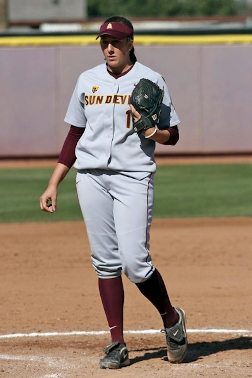 Hillary Bach stands in the pitcher’s circle during a game against New Mexico State on March 11. Bach and the Sun Devils will play host to the erratic No. 16 Cardinal this weekend. (Photo by Sam Rosenbaum)