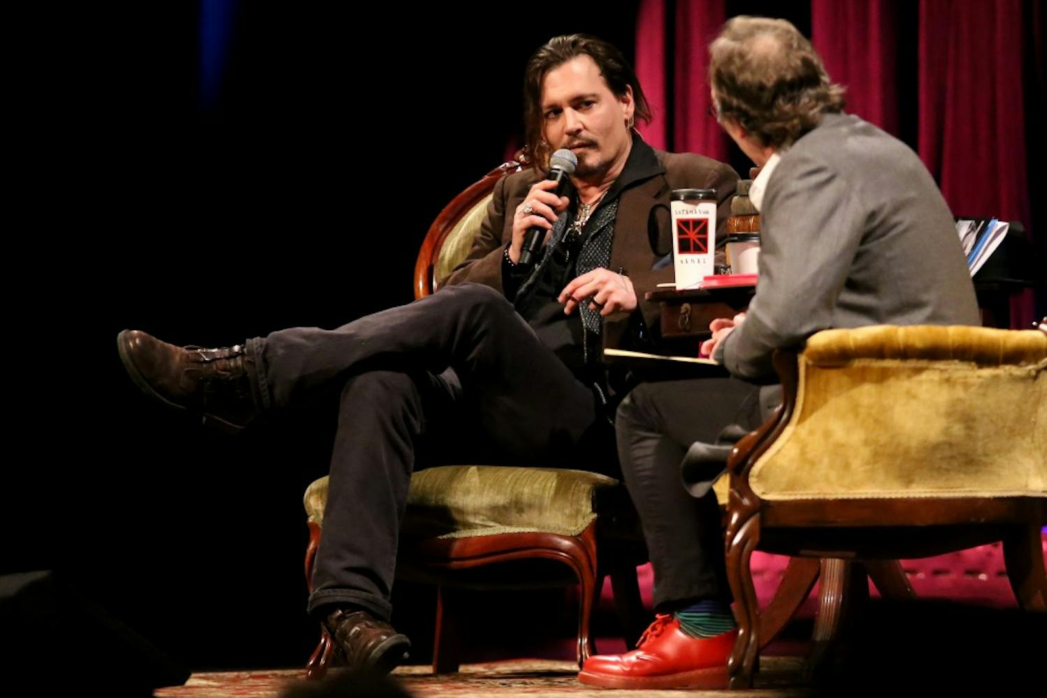 Johnny Depp speaks with Professor Lawrence Krauss during his talk 'Finding Creativity in Madness' at ASU Gammage on Saturday, March 12, 2016, as a part of the Origins Project. 
Lawrence 