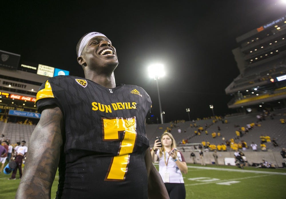 ASU junior Kalen Ballage (7) celebrates after a game against the Texas Tech Red Raiders in Sun Devil Stadium on Saturday, Sept. 10, 2016. 