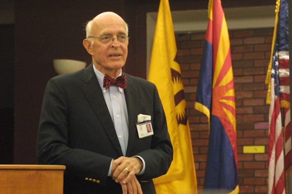 BAD FOR YOUR HEALTH: Dr. David Sanderson of the Scottsdale Mayo Clinic discusses his ideas on implementing a smoking ban on ASU's campus during the USG Tobacco Free Campus senate meeting at the Memorial Union Tuesday night.  (Photo by Serwaa Adu-Tutu)