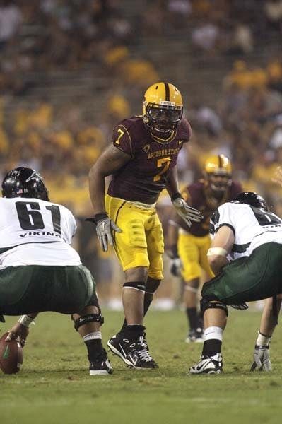 ONGOING ISSUE: Sophomore linebacker Vontaze Burfict lines up against Portland State earlier this season. After numerous behavior issues, Burfict was benched Tuesday for Saturday’s game. (Photo By Scott Stuk)