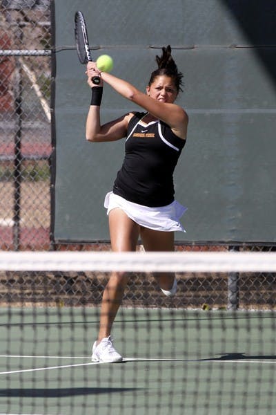 Leighann Sahagun returns a volley in a match against Sacramento State on March 2. Because of injuries, Sahagun has moved up in the Sun Devils’ order and will be a large contributor when the team faces UA this weekend. (Photo by Sam Rosenbaum)