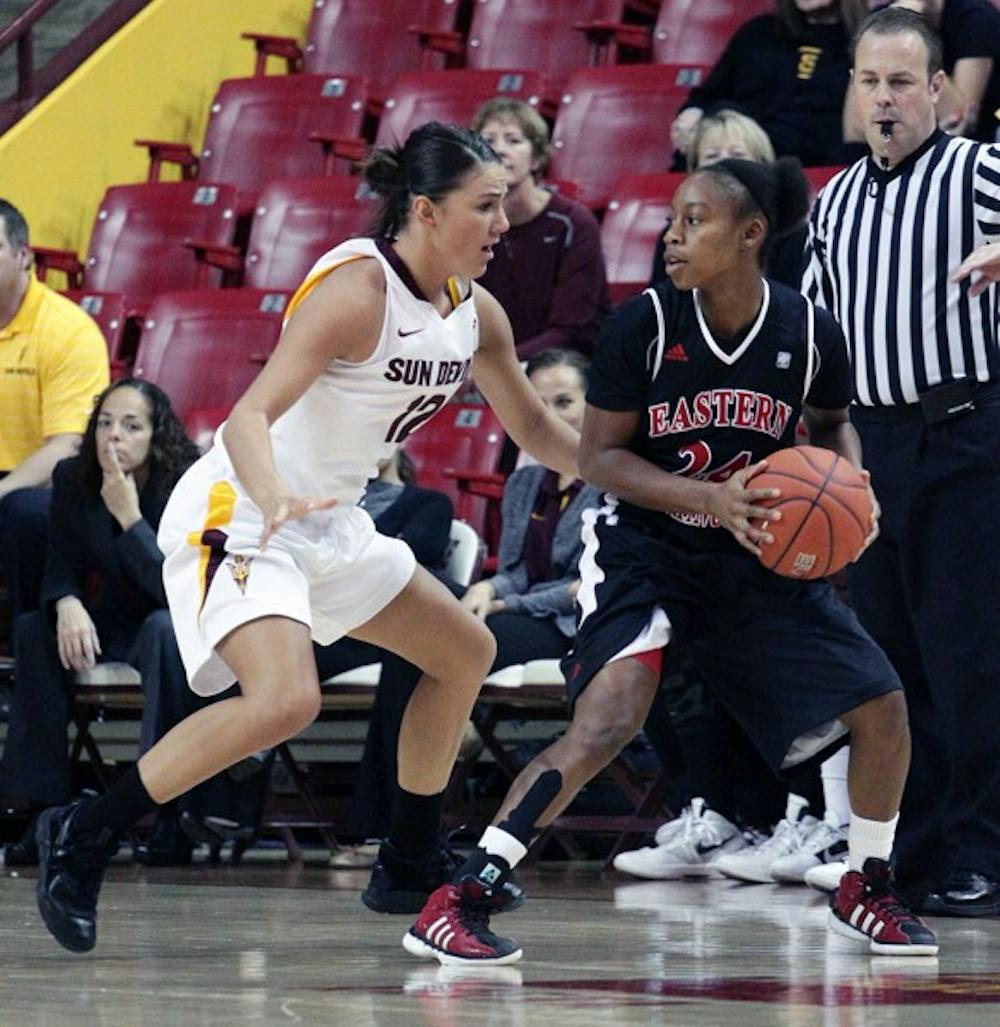 ASU senior guard Alex Earl guards Eastern Washington senior guard Breauna Russell on the perimeter during the Sun Devils’ win on Friday. Earl’s defense has been a large part of ASU’s home win streak this season. (Photo by Beth Easterbrook)