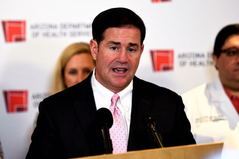 Arizona Gov. Doug Ducey addresses the state about COVID-19 at the Arizona Department of Health Services on Monday, March 2, 2020, in Phoenix.