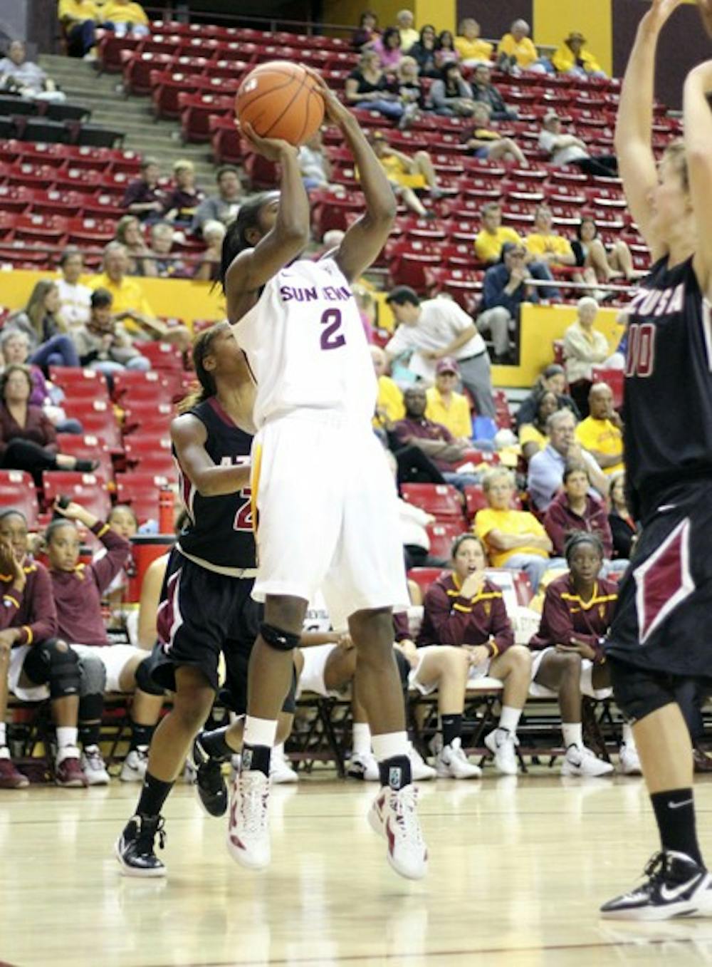 HOT START: ASU junior guard Micaela Pickens takes a jumper from just outside the lane during the Sun Devils’ exhibition win over Azusa Pacific. Two games into the season, the junior college transfer is already making a big impact for ASU. (Photo by Samuel Rosenbaum)