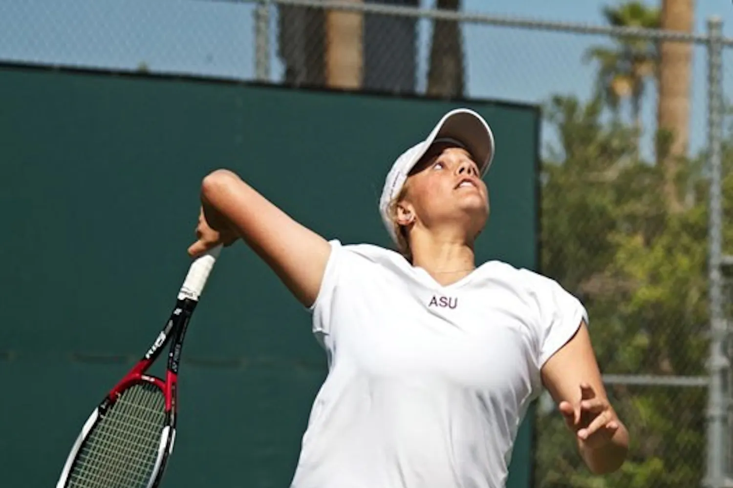 WOUND UP: ASU sophomore Michelle Brycki gets ready to serve during the Sun Devils’ win against Oreon on March 12. (Photo by Michael Arellano)