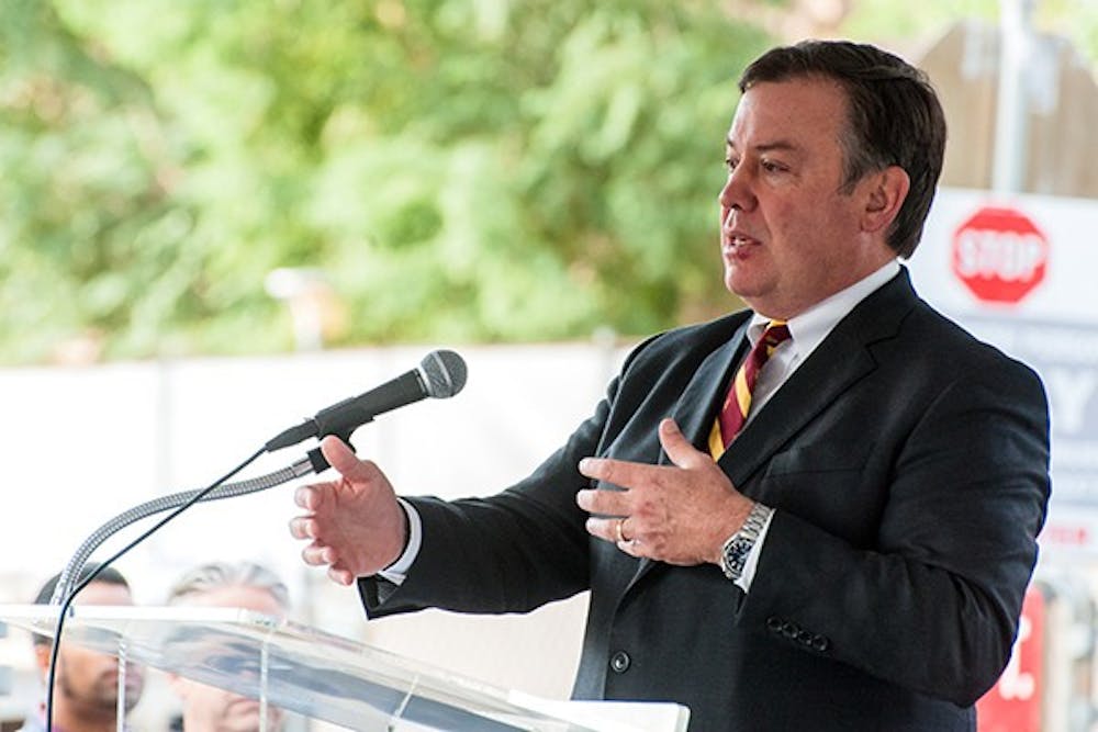 ASU president Michael Crow speaks at the groundbreaking ceremony for the Arizona Center for Law and Society, Thursday, Nov. 13, 2014 in Phoenix. The facility, scheduled to be completed and opened by fall 2016, will host several law-related institutions, including ASU’s Sandra Day O’Connor College of Law. (Photo by Ben Moffat)
