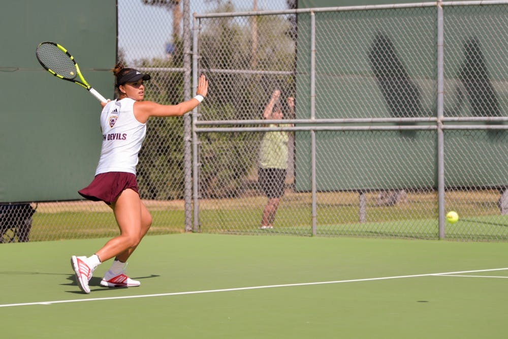 Senior&nbsp;Desirae Krawczyk continues the rally during the match against the California Bears on Friday, March 4, 2016 at the Whiteman Tennis Center in Tempe, Ariz.