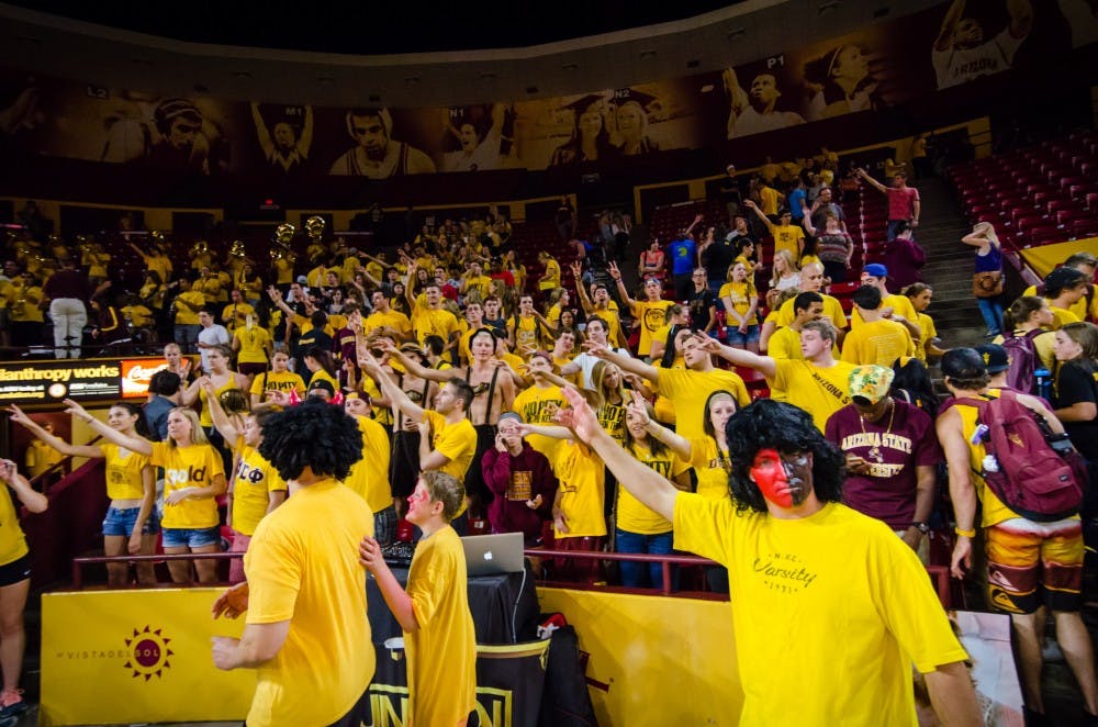 The student section cheering on the ASU Volleyball team after their win over U of A.