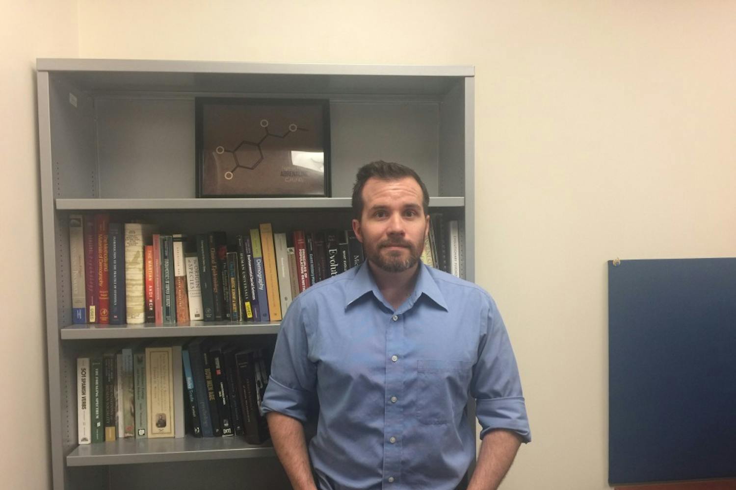 Ben Trumble, assistant professor in the School of Human Evolution and Social Change and affiliated faculty in the Center for Evolution and Medicine, poses for a photo in his office on Mar. 27, 2017.&nbsp;