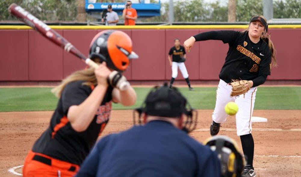 Junior pitcher Dallas Escobedo releases a pitch during the Sun Devils' 11-0 win over Oregon State Saturday. The weekend sweep over the Beavers improved ASU to 5-1 over Pac-12 opponents this season. (Photo by Jessie Wardarski)