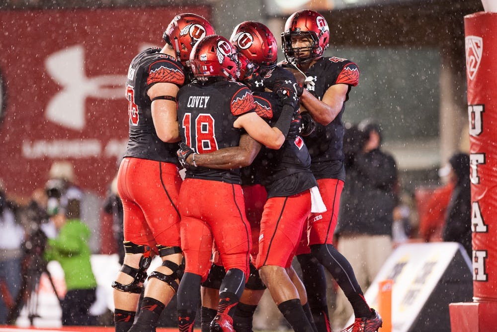 Utah celebrates after scoring a touchdown against ASU on Saturday, Oct. 17, 2015, at Rice-Eccles Stadium in Salt Lake City, Utah.