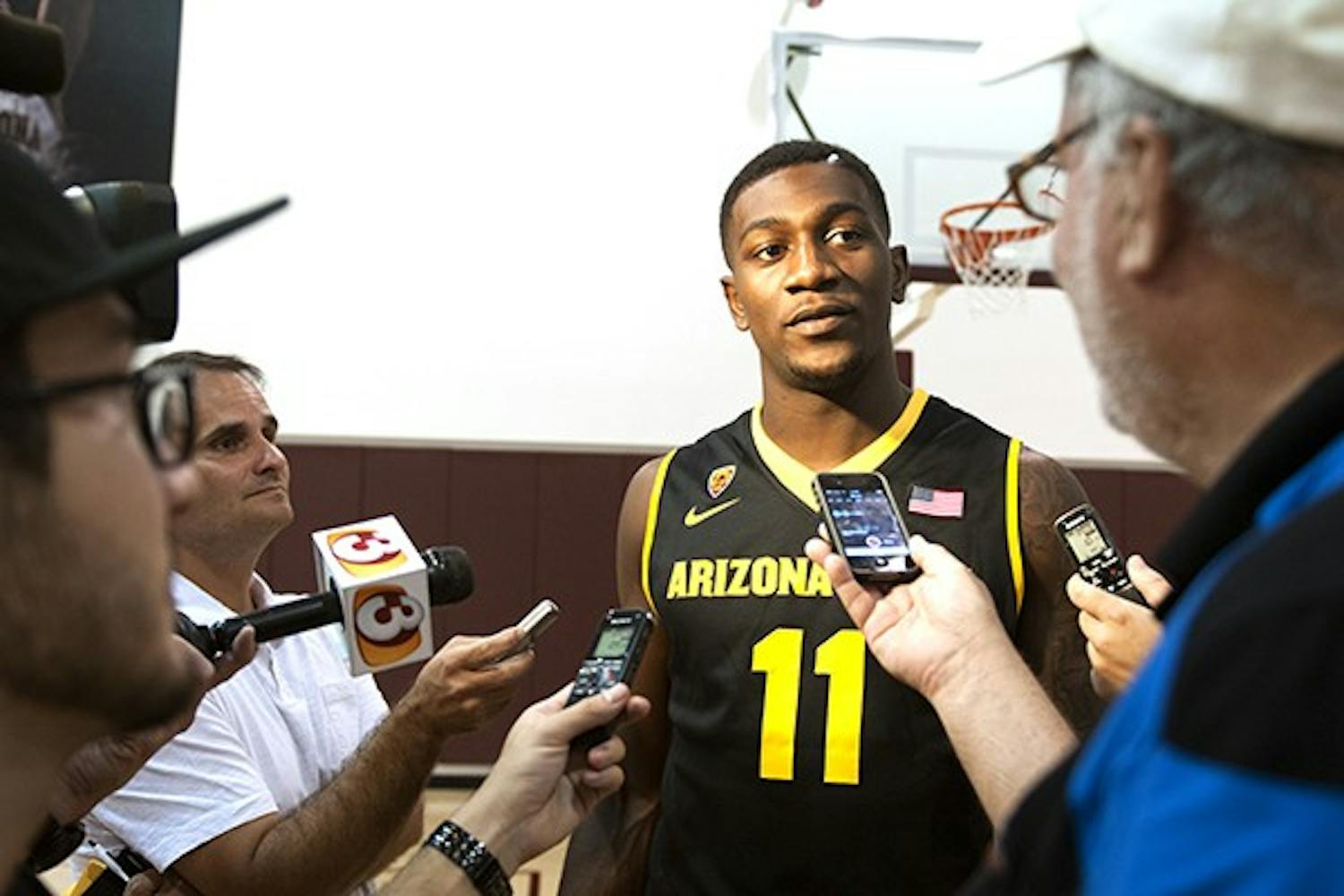 Sophomore Forward Savon Goodman talks about his excitement for the upcoming season, ASU’s first game is on Nov. 14 against Chicago State. (Photo by Mario Mendez)