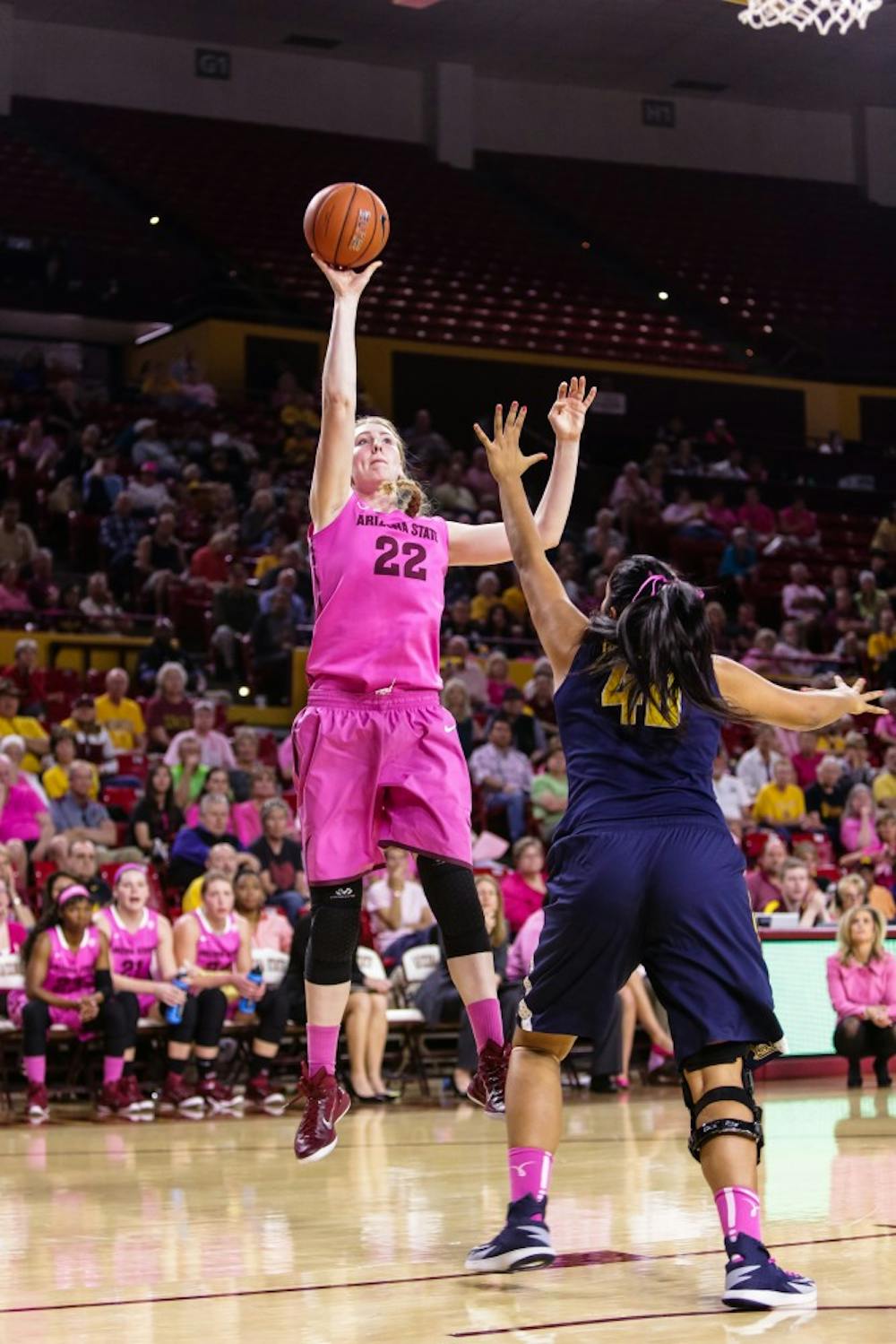 ASU sophomore center Quinn Dornstauder shoots over Cal senior forward Justine Hartman at Wells Fargo Arena on Feb. 8, 2015. ASU would have a cold night offensively shooting just 32.3 percent from the field as they fell to the Golden Bears 50-49. (Daniel Kwon/The State Press)