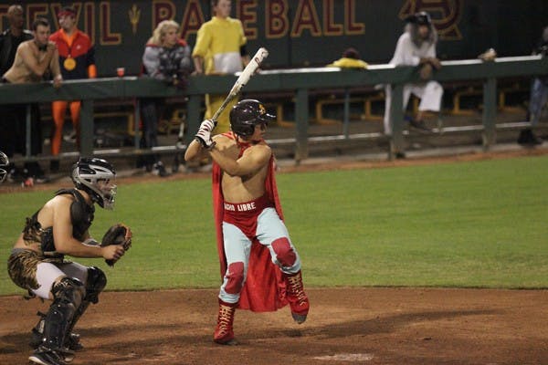 Nacho loads up for a swing during the ASU baseball team’s Halloween Scrimmage on Wednesday night. (Photo by Kyle Newman)