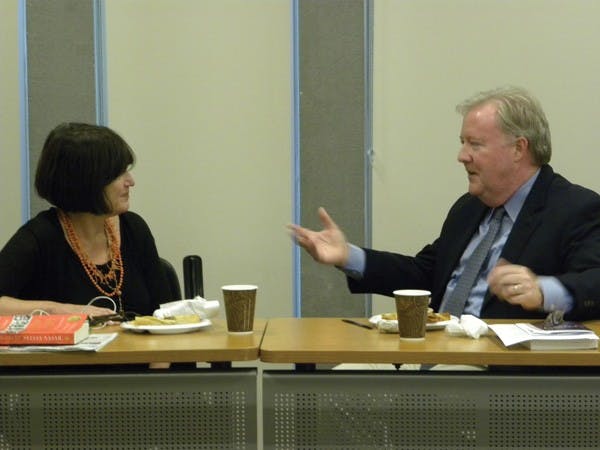 Barrett, The Honors College Dean Mark Jacobs spoke with Sylvia Nasar at a Barrett luncheon Tuesday afternoon for her book "Grand Pursuit: The Story of Economic Genius" before the Centennial Lecture. (Photo by Tyler Griffin)