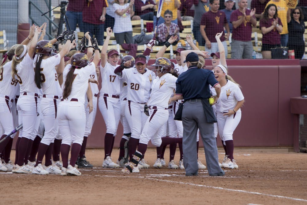Sophomore Chelsea Gonzales hits a three-run homerun in the bottom of the third inning against California at Farrington Stadium in Tempe  on Friday March 20, 2015. The Sun Devils defeated the Bears 8-7. (Jacob Stanek/ The State Press)