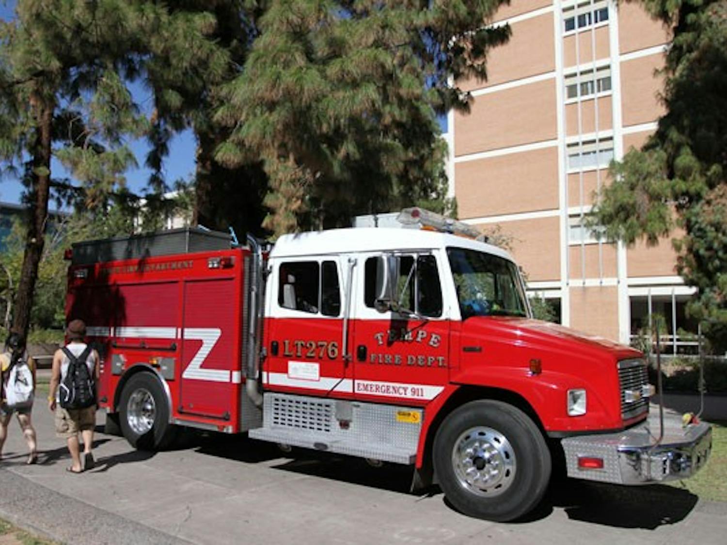 RED ALERT: A Tempe fire truck is parked in front of the Language and Literature Building in response to a 911 call on Monday afternoon. (Photo by Nikolai de Vera)