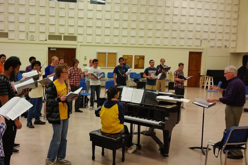 The Arizona State University Men's Chorus rehearses "Every Time I Feel the Spirit" in preperation for Wednesday's concert at the Tempe Center for the Arts. 22 Feb. 2016