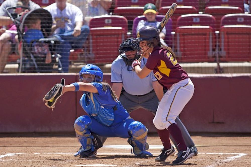 Settled in: ASU senior catcher Kaylyn Castillo watches a pitch on the outside during the Sun Devils’ win over UCLA on April 17. Castillo found a perfect fit with ASU after being recruited by Stanford and playing a year at Louisville. (Photo by Scott Stuk)