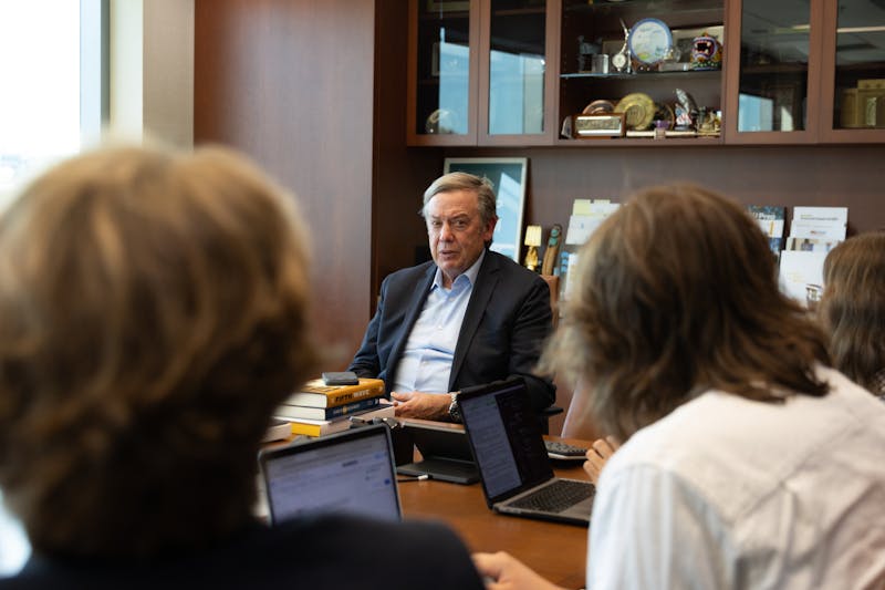 ASU President Michael Crow during a meeting with The State Press at the Fulton Center on Friday, Oct. 24, 2025 in Tempe.