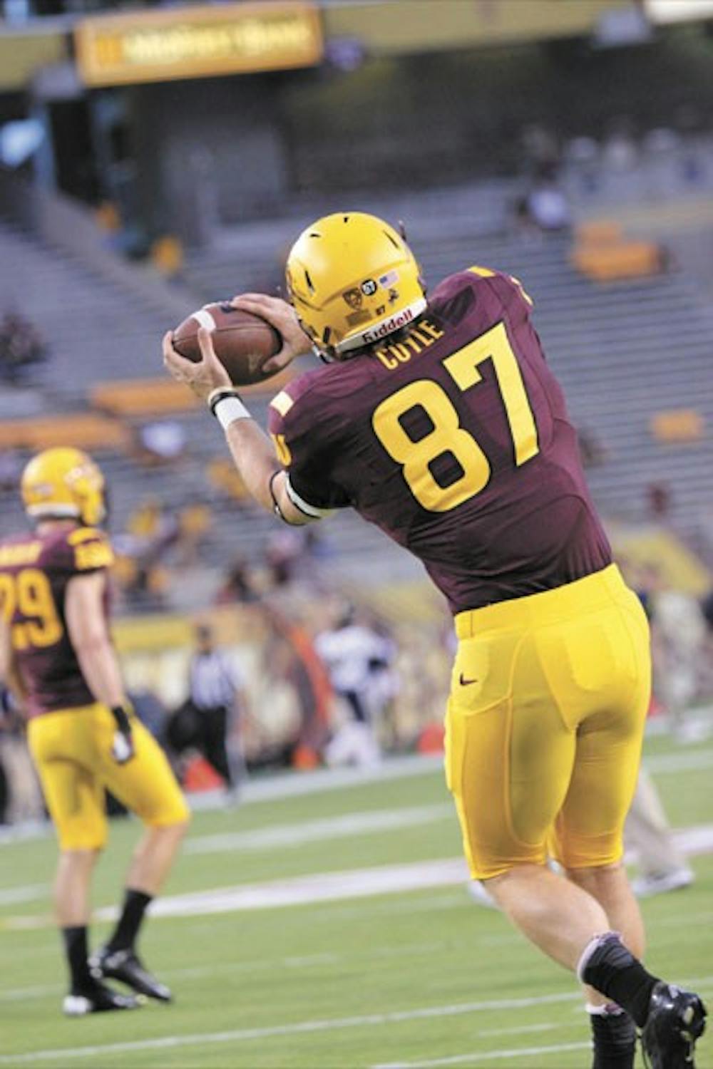 Junior tight end Chris Coyle catches a pass during the Sun Devils’ 63-6 win over NAU on Aug. 30. (Photo by Kyle Newman)