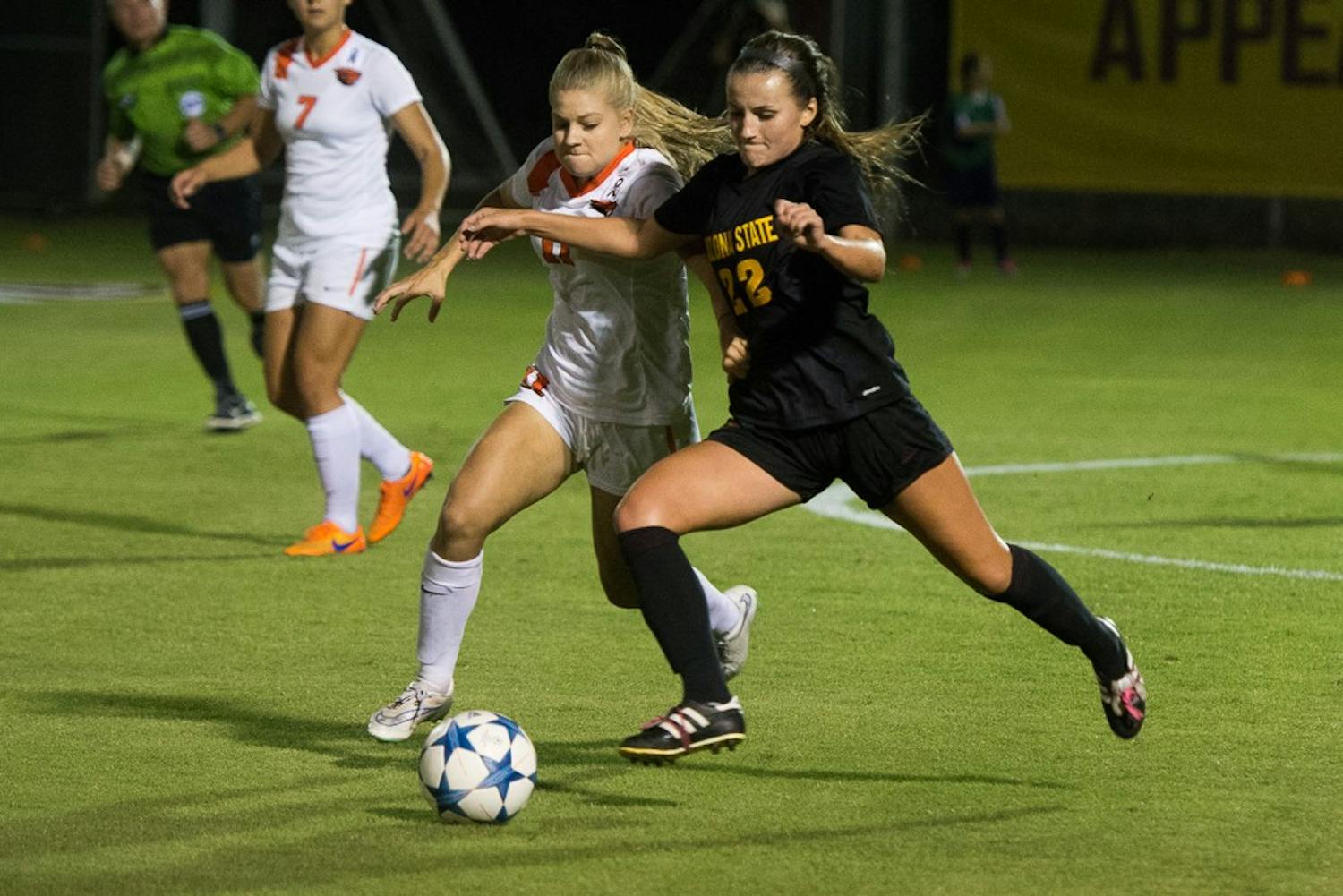 Sophomore defender Madison Stark takes control of the ball against Oregon on Friday, Oct. 23, 2015, at Sun Devil Soccer Stadium in Tempe.