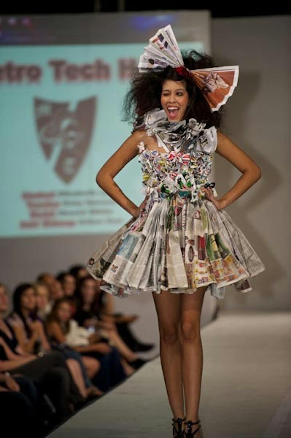 SECOND LIFE RECYCLABLES: ASU student designers were part of Scottsdale Fashion Week Thursday night, where this year’s theme challenged designers to create clothing out of recyclable materials such as newspapers and plastic bottles. (Photo by Michael Arellano)