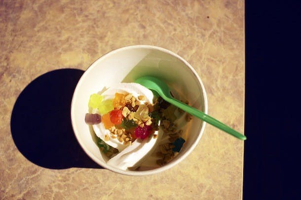 Skinny Vanilla frozen yogurt with toppings of ever so good gummy bears and chopped peanuts satisfy a craving. 
Photo by Pauletta Tohonnie
