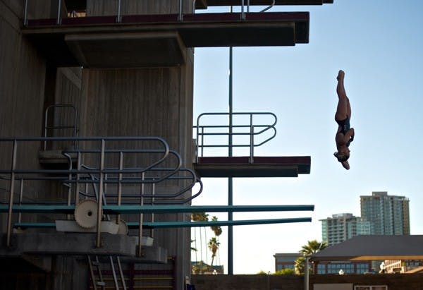 Perfect form: ASU junior Elina Eggers works from the platform during a practice on Jan. 13. The Sun Devils have their final dual of the season on Saturday against UA. (Photo by Michael Arellano)