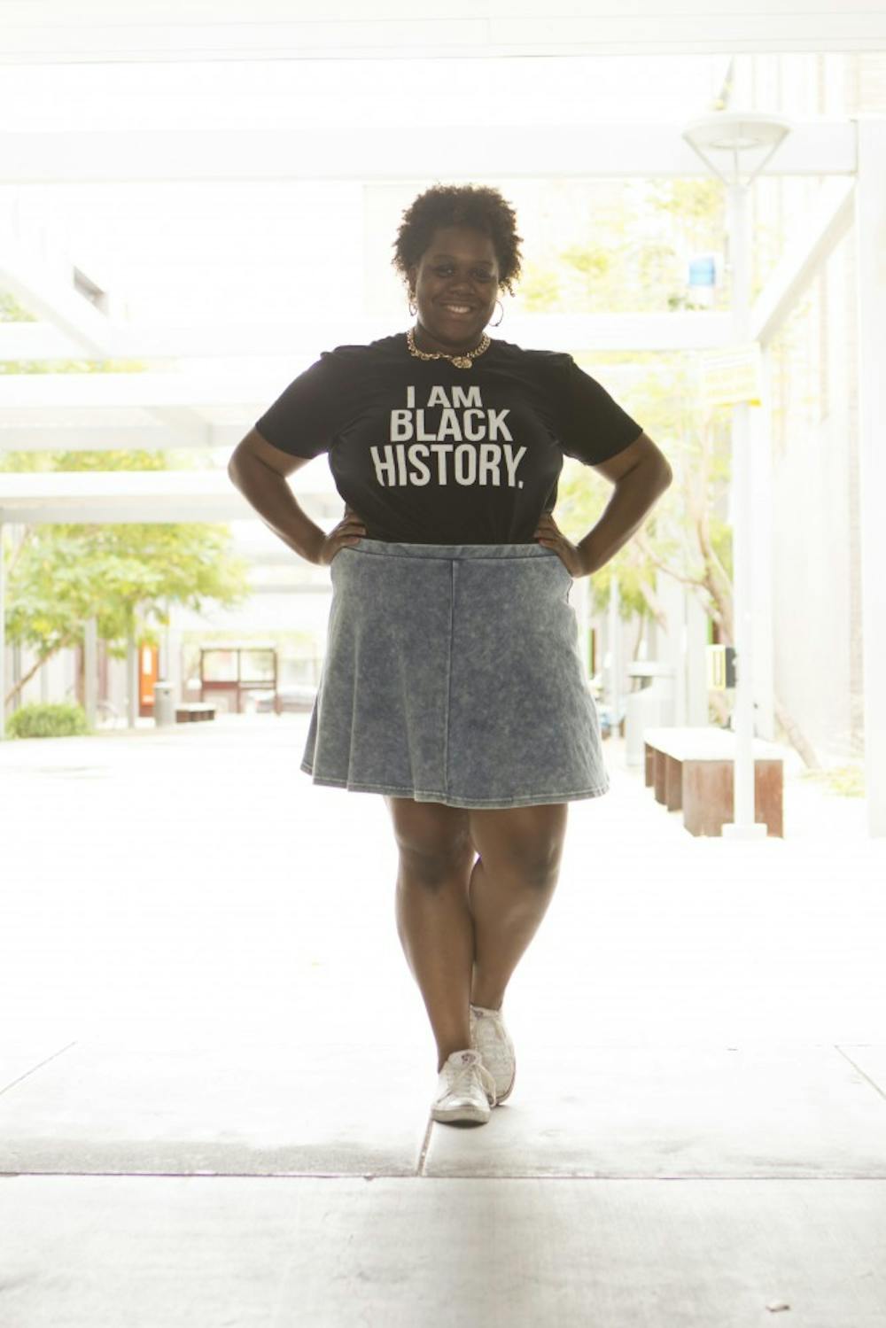 Biochemistry freshman Raven Gibson sporting her clothing line called Legendary Rootz. 