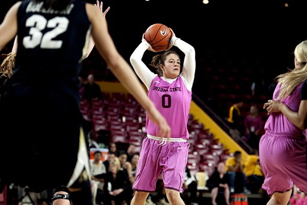 Sophomore guard Katie Hampen looks for an open teammate in a game against Colorado on Feb. 21. (Photo by Mario Mendez)