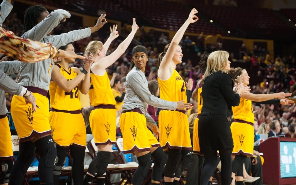 ASU's bench reacts to a three-pointer against Arizona on Friday, Jan. 22, 2016, at Wells Fargo Arena in Tempe. The Sun Devils defeated the Wildcats 61-49.