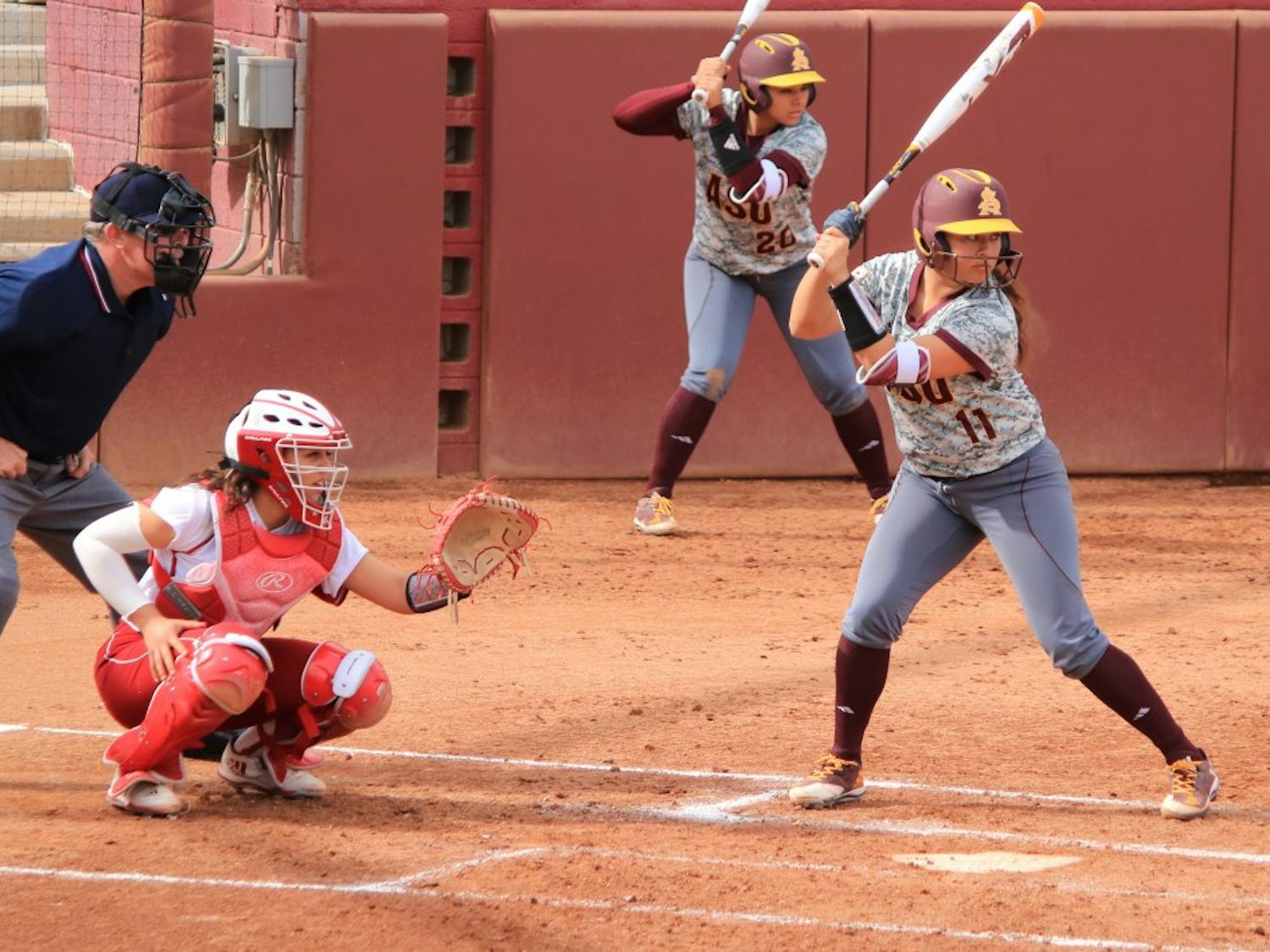 Senior short stop Chelsea Gonzales (11), lines up for a hit&nbsp;in a match against Indiana at Farrington Stadium in Tempe, Arizona on Saturday, Feb. 11th, 2017. The Sun devils won the game 4-2.