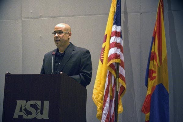 LOOKING FOR A LINK: Maurice Stevens, author of “Troubled Beginnings,” speaks at the New College Trauma Conference, held Oct. 7-9 at ASU's West campus. The conference looks to build on the recent work in trauma while also looking to link the theory and practice of trauma together. (Photo by Annie Wechter)