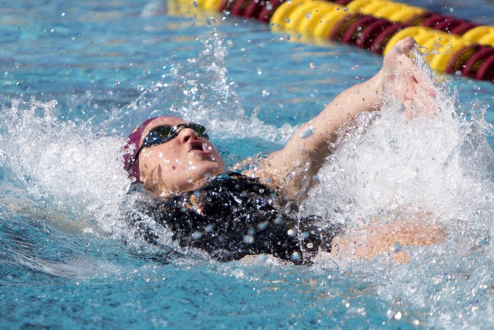 Senior Jennifer Morgan competes in the 100 yard backstroke against UCLA on Saturday, Nov. 7, 2015, at Mona Plummer Aquatic Center in Tempe. The Bruins defeated the Sun Devils 180-116. 