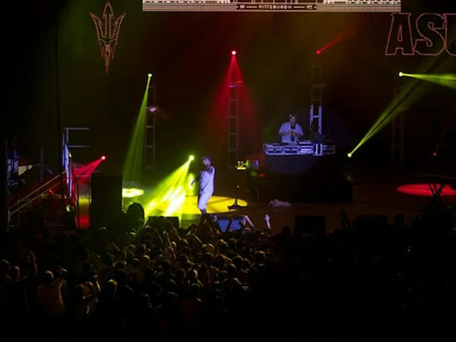 Mac Miller performs live for ASU students at the annual Fall Welcome Concert on Tuesday, Aug. 19. (Photo by Andrew Nicla)