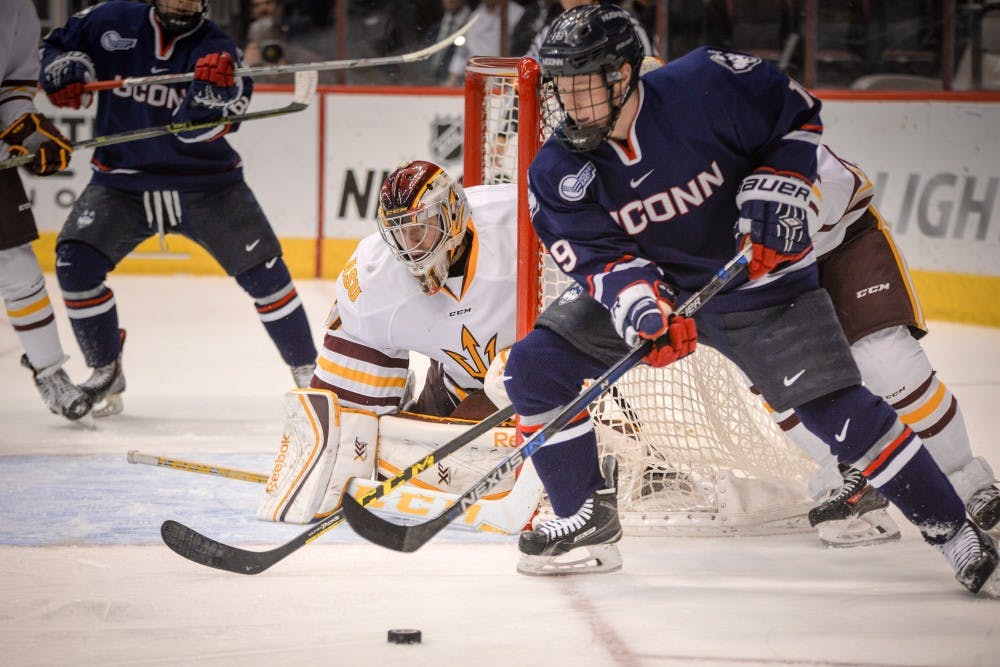 Freshman goalie Ryland Pashovitz&nbsp;stops the UConn shot during the second period of the Desert Classic Tournament at Gila River Arena on Sunday, Jan. 10, 2016, in Glendale.