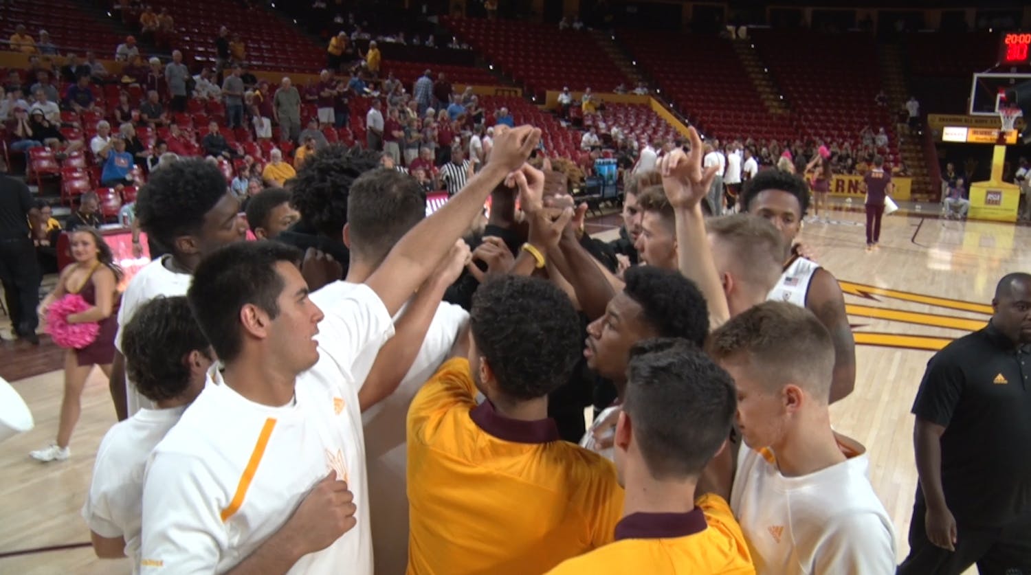 ASU men's basketball huddle before exhibition versus Northern State