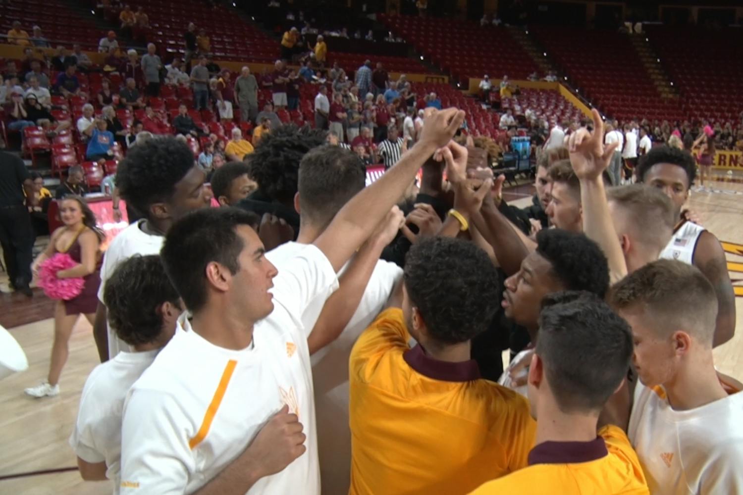 ASU men's basketball huddle before exhibition versus Northern State