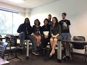 From left,&nbsp;Matthew Session, Daniela Diaz, Anna Flores, Sawyer Elms,&nbsp;Kellen Shover and&nbsp;Rosemarie Dombrowski.&nbsp;Dombrowski's students pictured above will be some of the writers and creatives featured in Thursday's showcase.