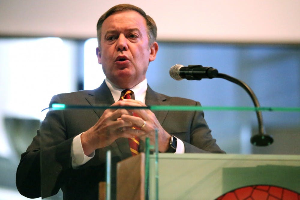 ASU President Michael Crow speaks at at the annual Delivering Democracy Lecture held at the Pilgrim Rest Baptist Church in downtown Phoenix on Friday, Feb. 27, 2016, hosted by the ASU Center for the Study of Race and Democracy.