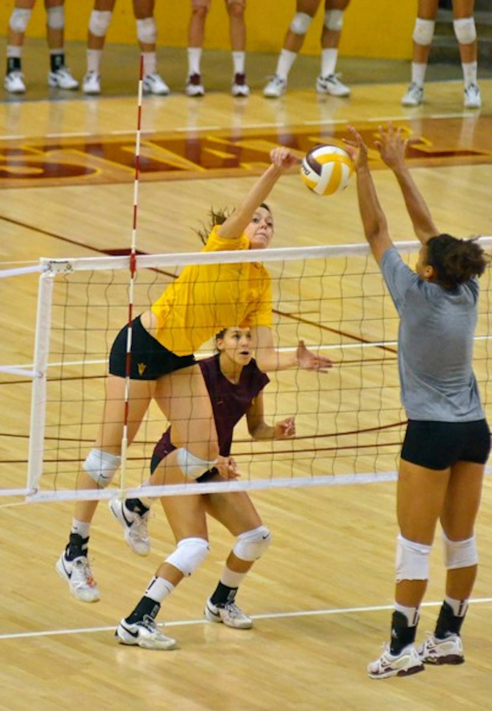 HOME COURT: Redshirt freshman Kylee Terhune spikes the ball in the Sun Devils’ Alumnae Match in August. The Sun Devils are back in Wells Fargo Arena this weekend to play No. 4 Washington and Washington State. (Photo by Aaron Lavinsky)